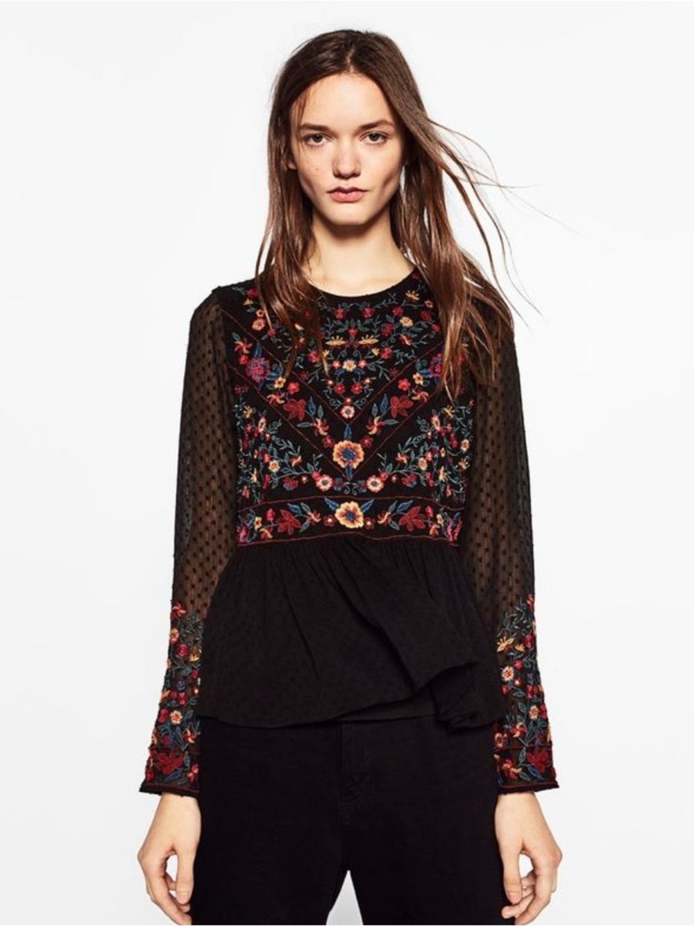 Zara Embroidered Floral Sheer Mesh Top